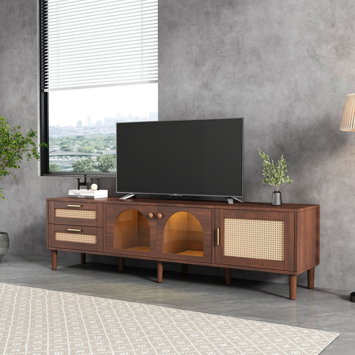 TV Stand With 3 Cabinets & 2 Drawers with LED Light - Dark Brown