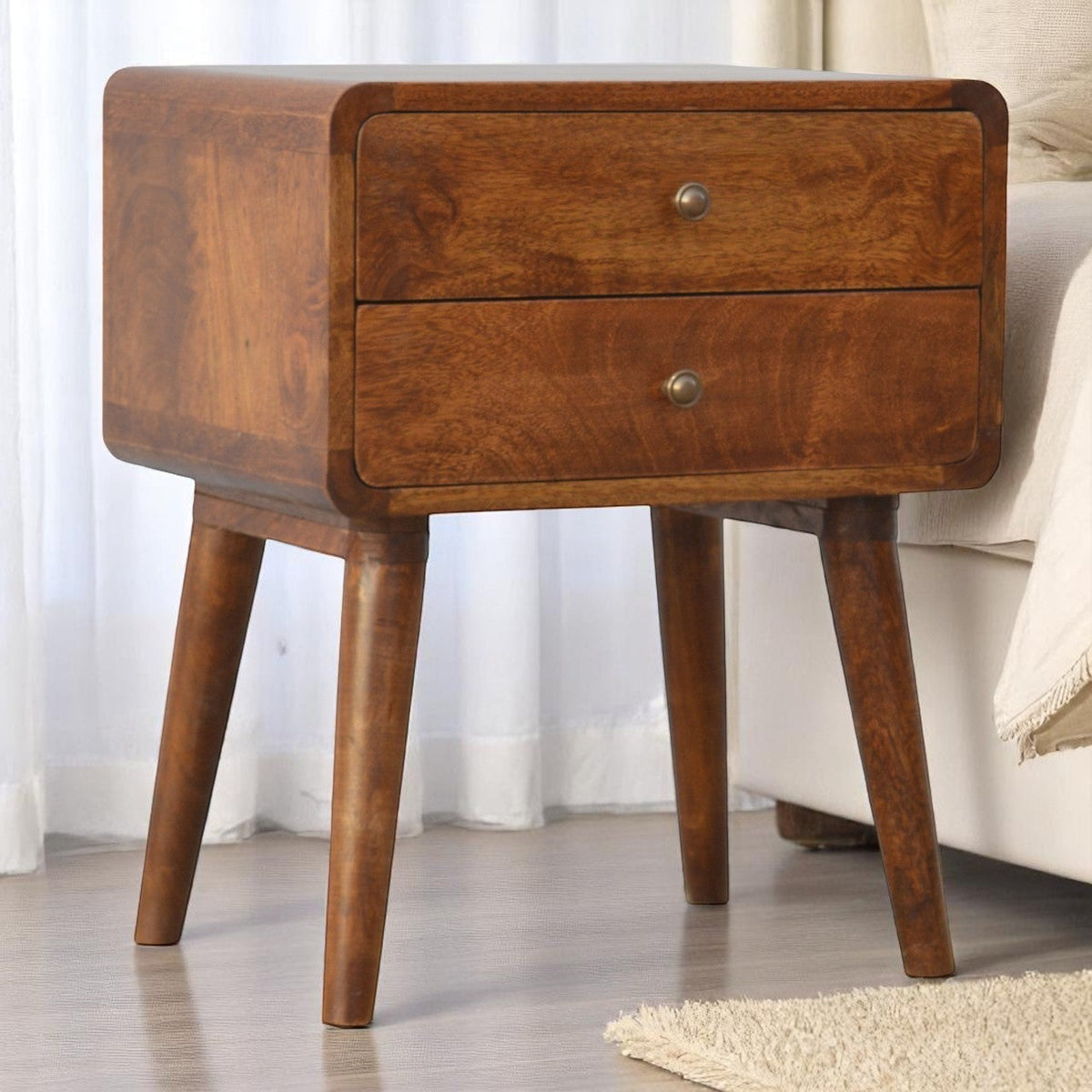Solid Wood Curved Nightstand with 2 Drawers - Chestnut