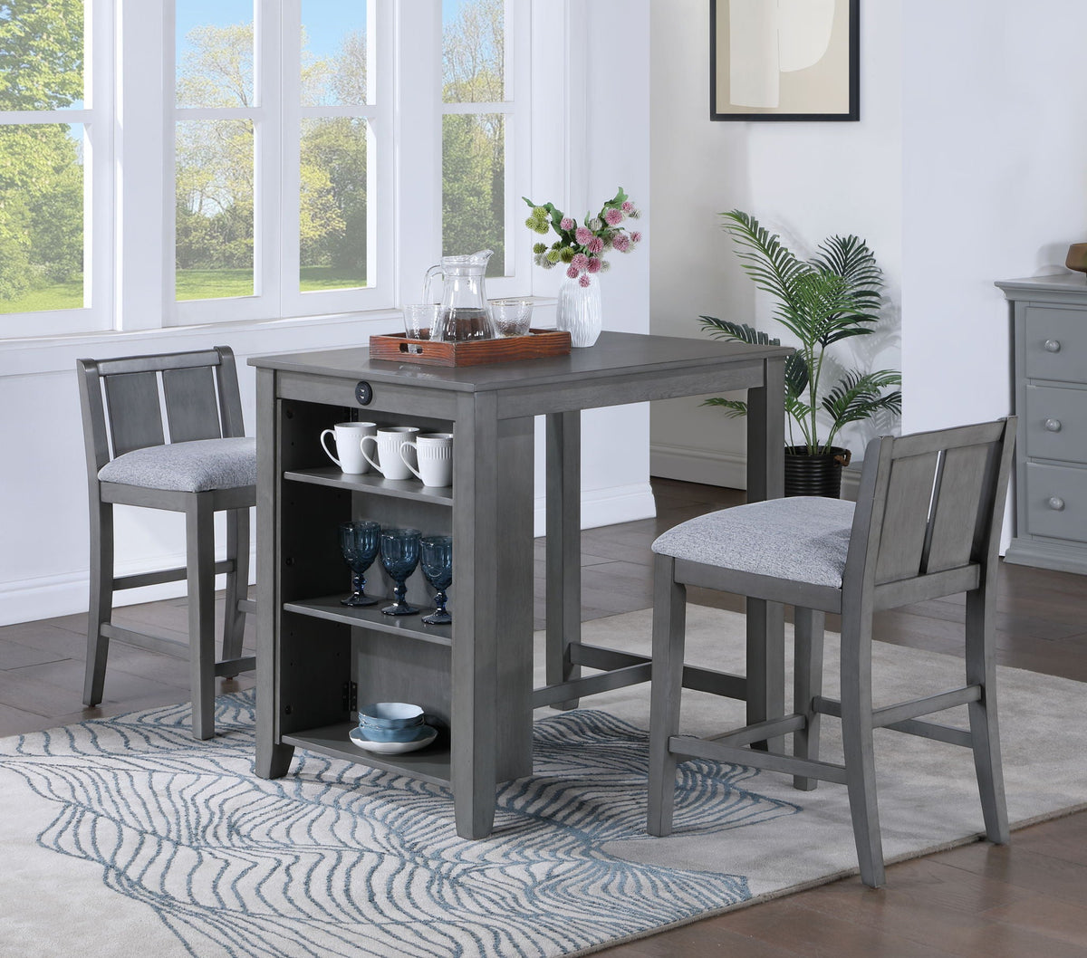 3 Piece Counter Height Dining Set with Storage Shelves - Gray or White