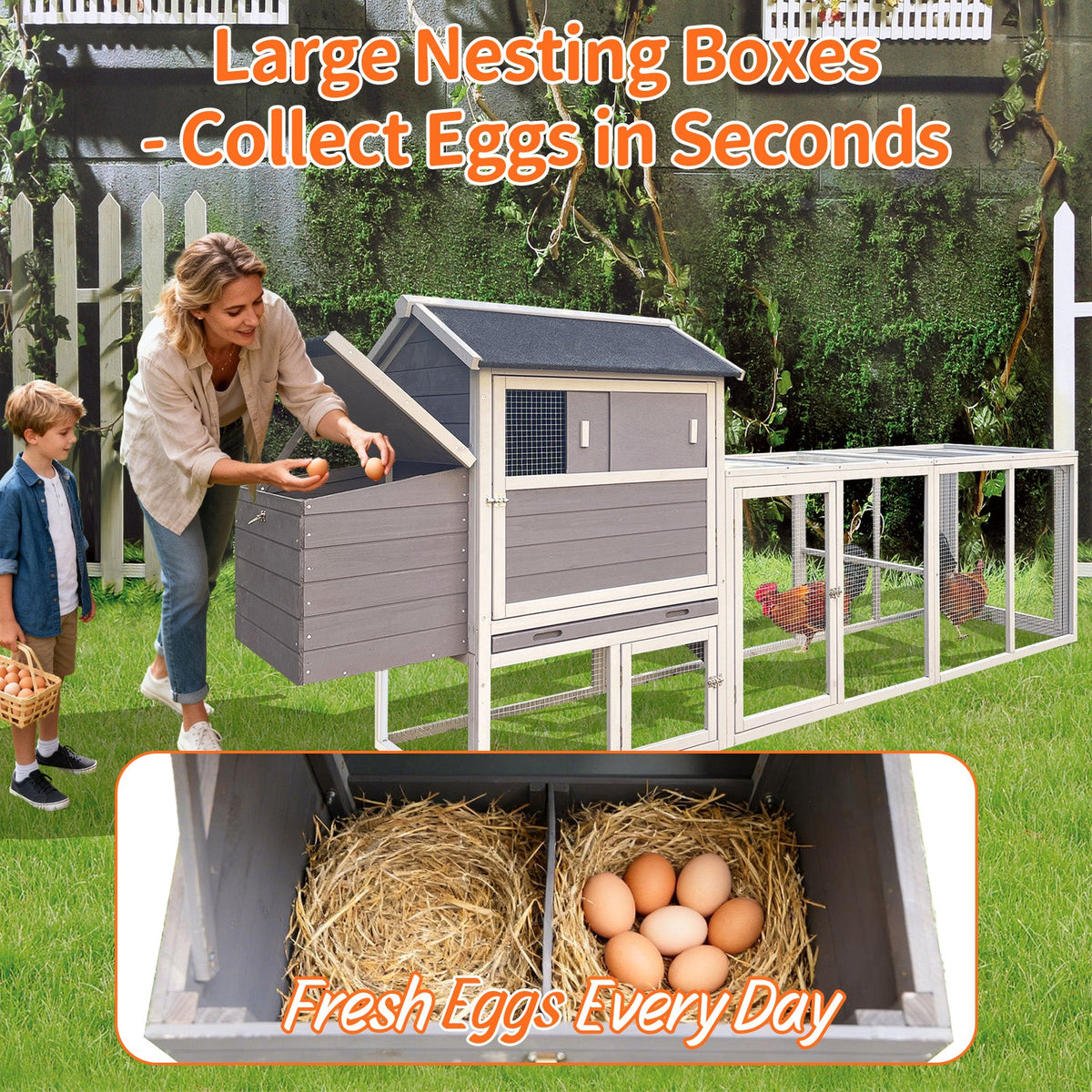 Gray Wooden Chicken Coop with Run and Nesting Box