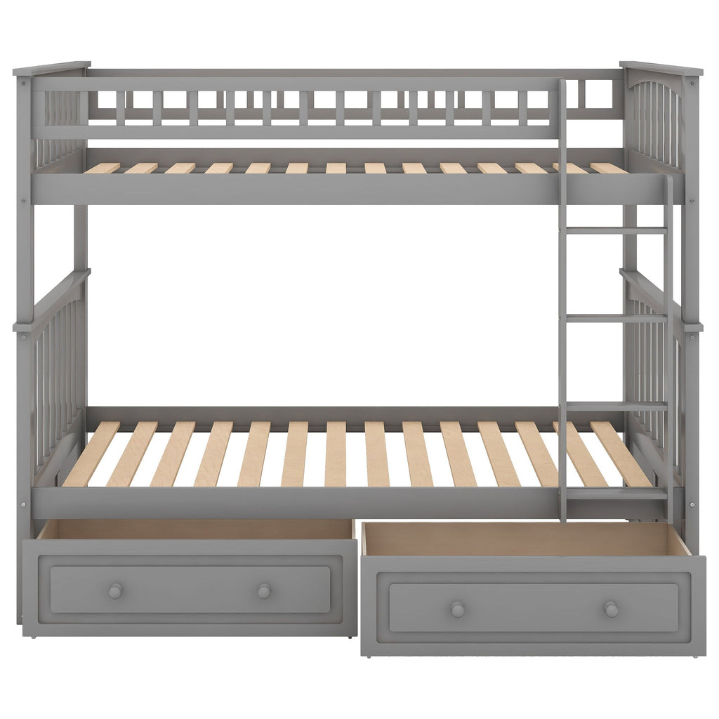 Twin Over Twin Bunk Bed with Drawers - Convertible, Solid Pine Wood - White or Dark Gray