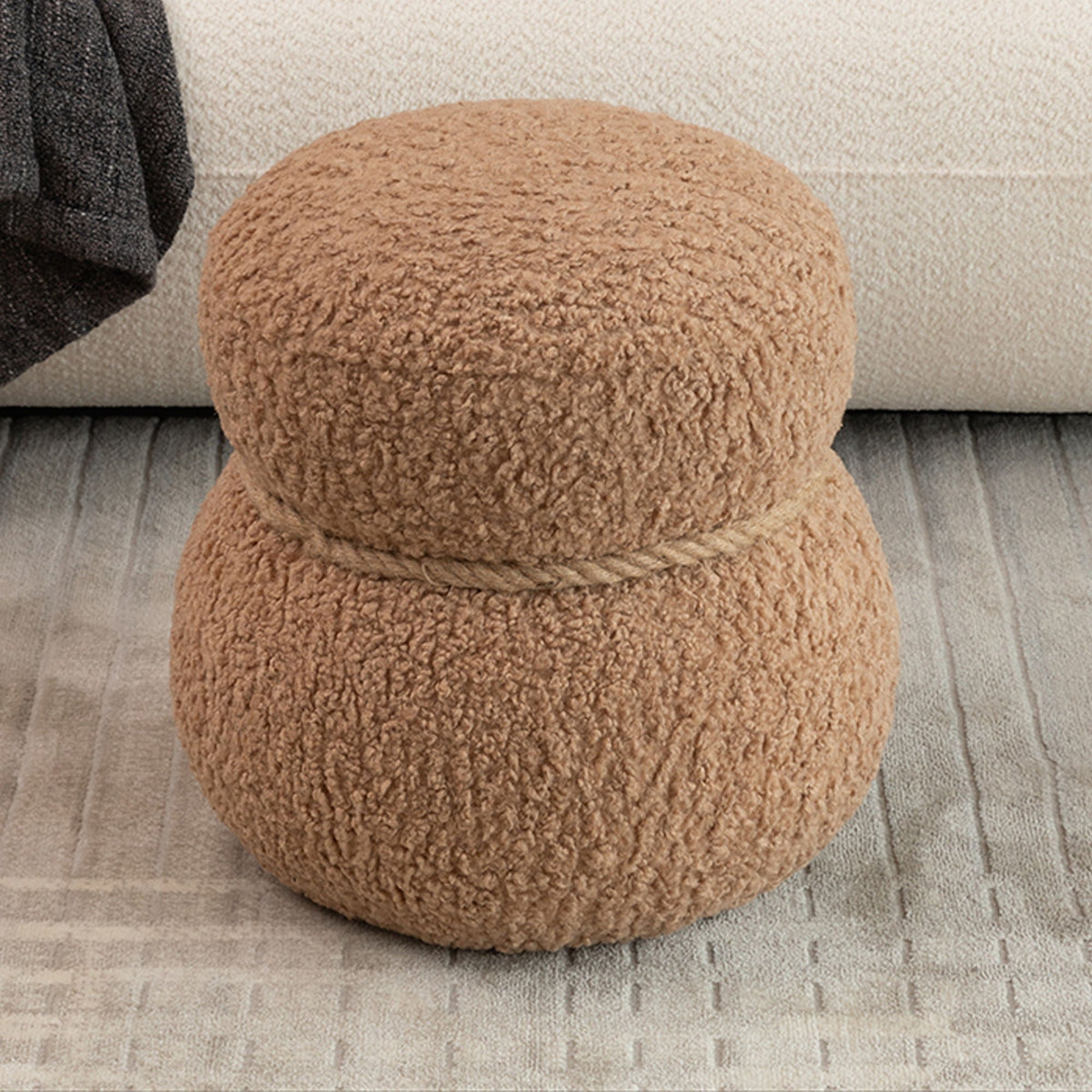 Snowman Stool Ottoman with Lamb Wool Cushion and Solid Wood Frame - White, Light Brown, Dark Green