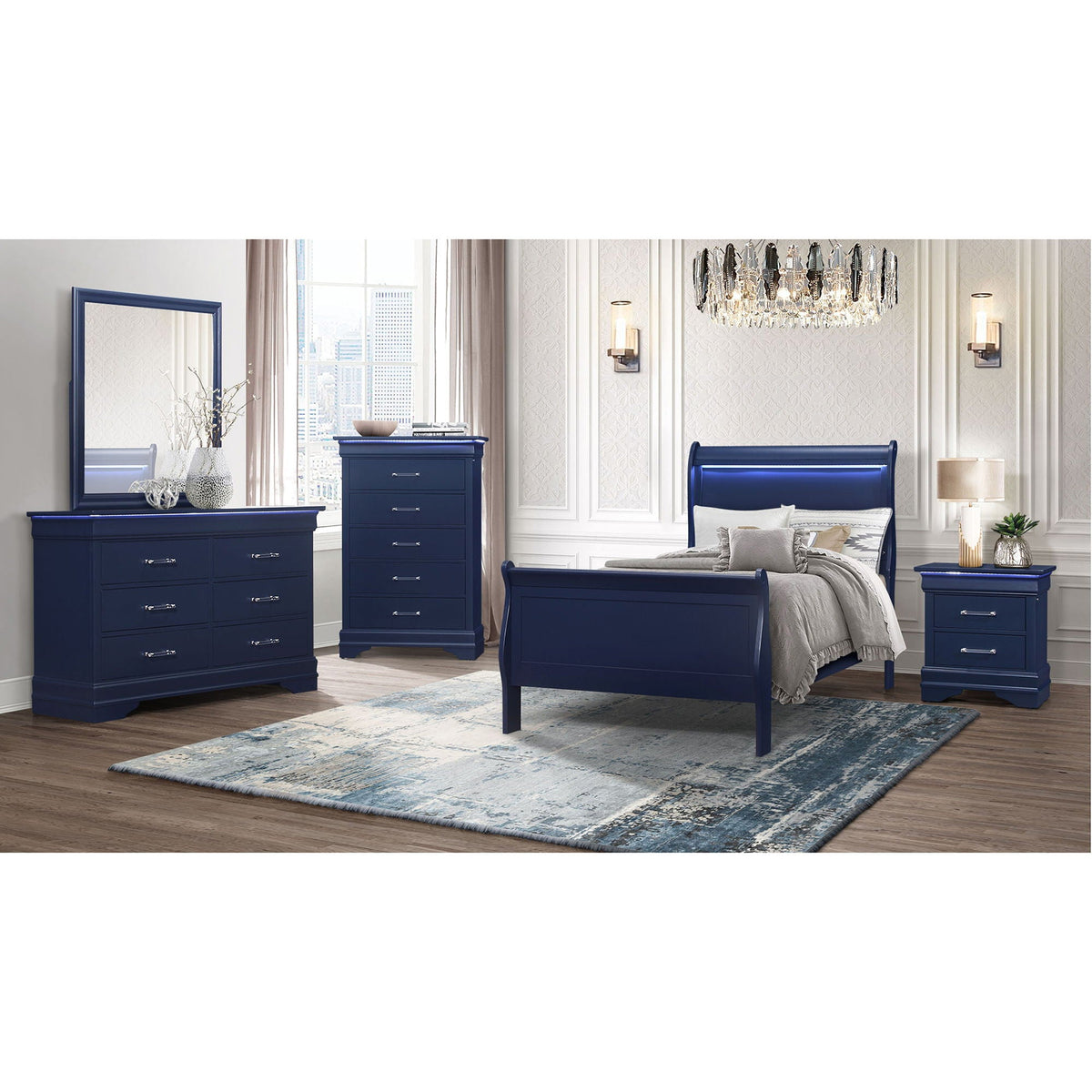 Charlston Sleigh Bed with LED Lighting - Blue or White