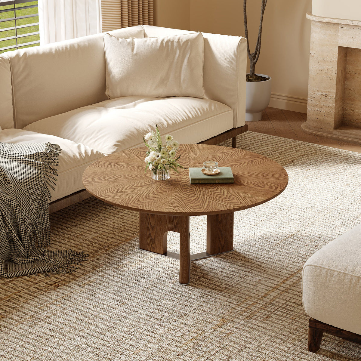 Rustic Ash Wood Veneer Coffee Table with Novel Leg Design - Natural Ash