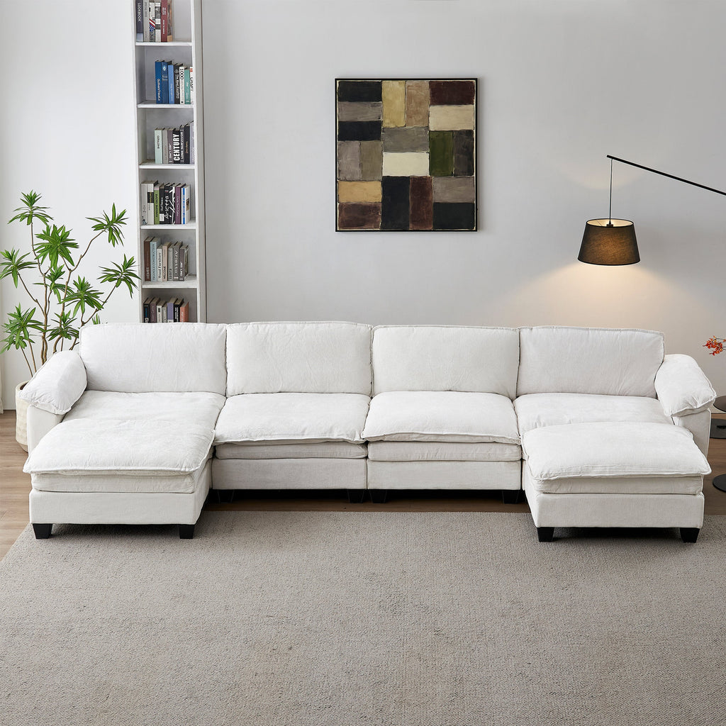 Luxury Four-Seater U-Shape Sofa with Two Ottomans - Chenille