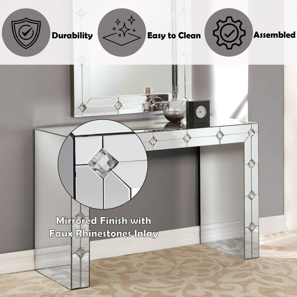 Hessa Mirrored & Faux Rhinestone Console Table with Sled Base – Silver