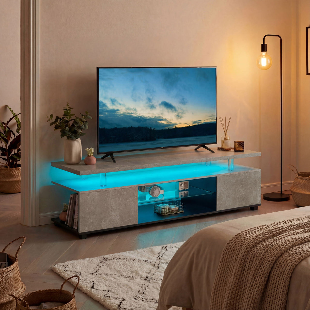 TV Stand with LED and Large Side Cabinet - White, Black, or Gray