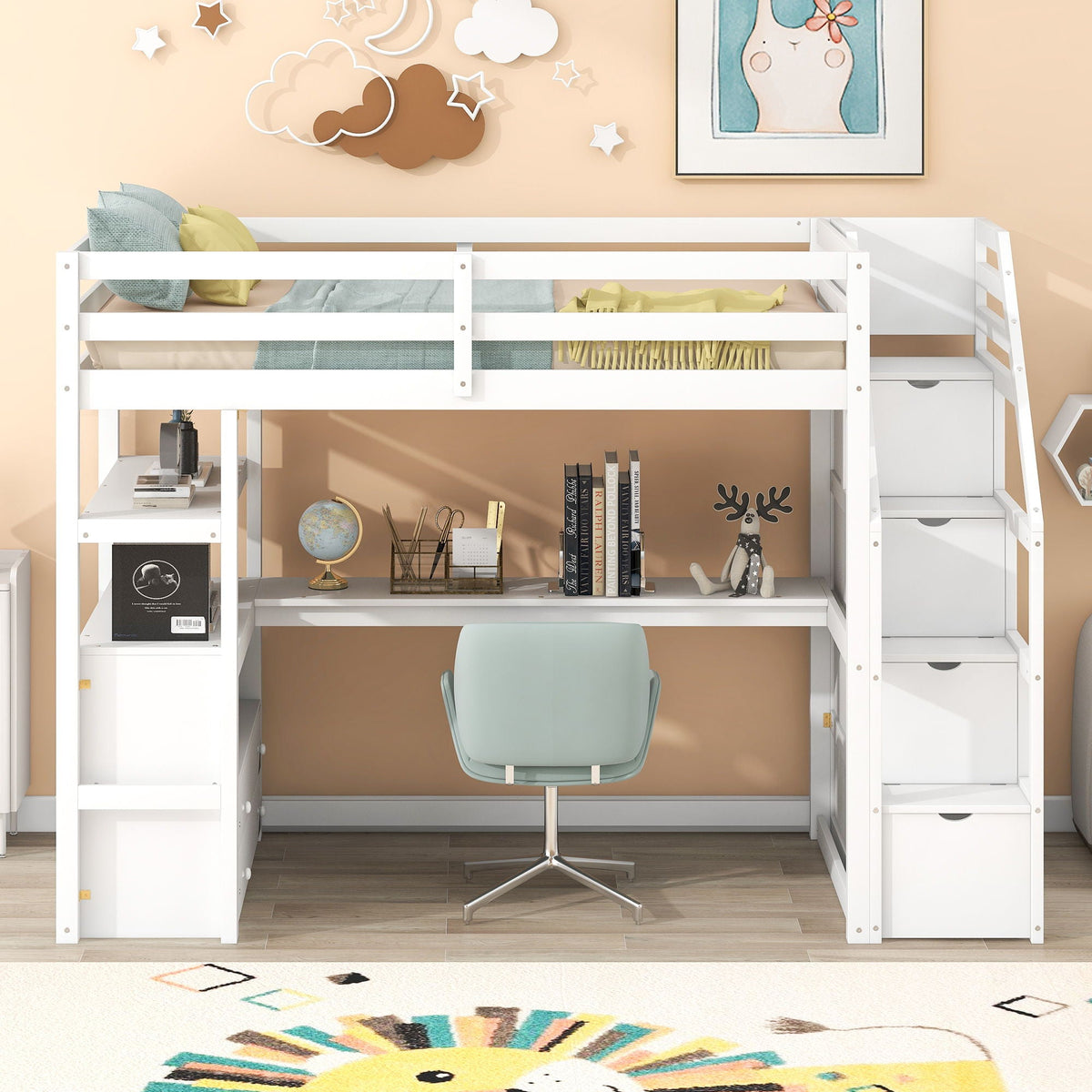 Loft Bed with Desk and Storage Staircase - Full or Twin, White or Gray