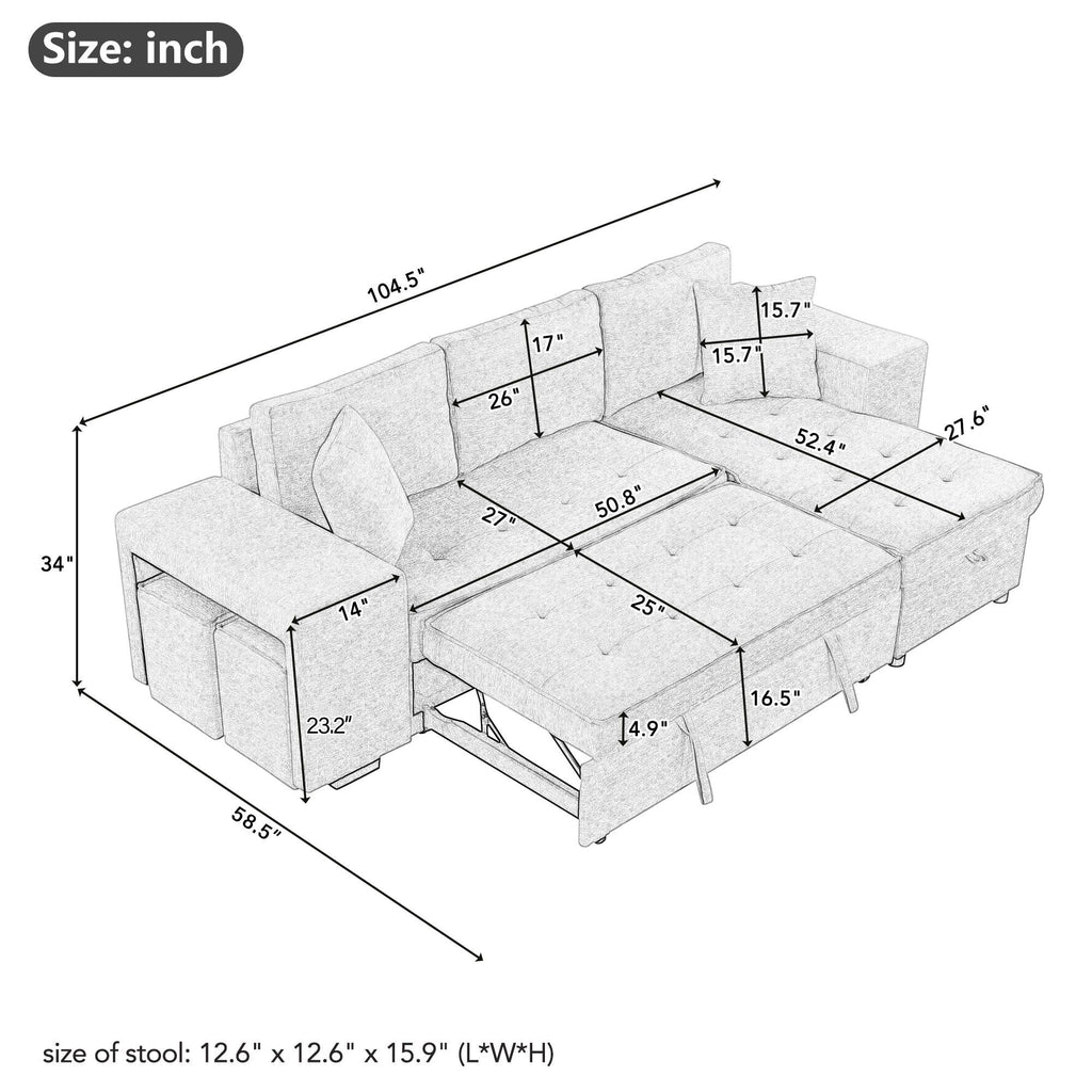 Reversible L-Shape Sleeper Sectional Sofa with Storage Chaise and 2 Stools - Multiple Colors