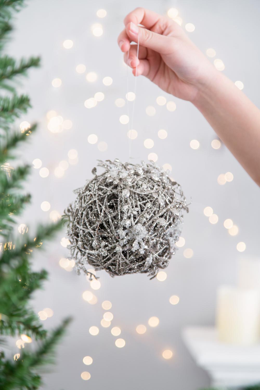 Iced Leaf and Twig Ball Christmas Tree Ornaments - Set of 4
