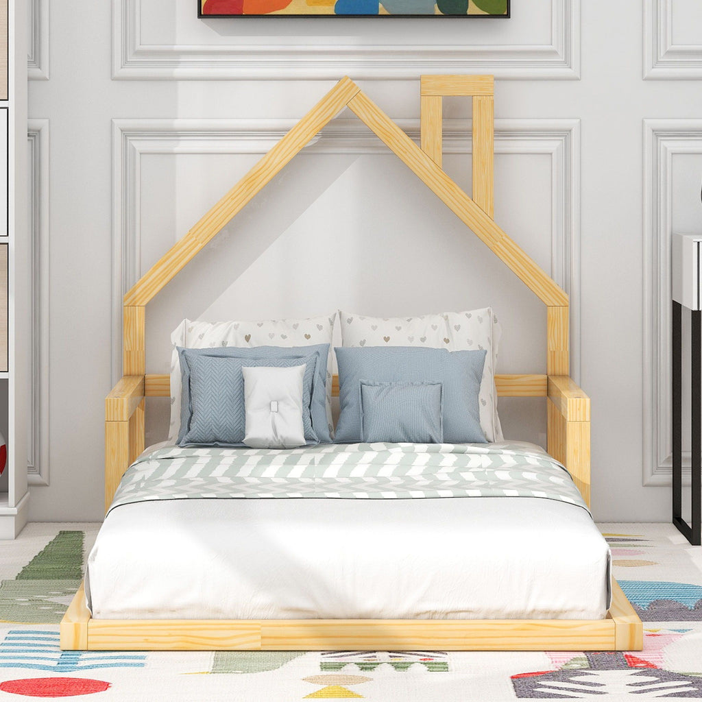 Floor Bed With House Shaped Headboard - Twin Size, Solid Pine - White or Light Brown