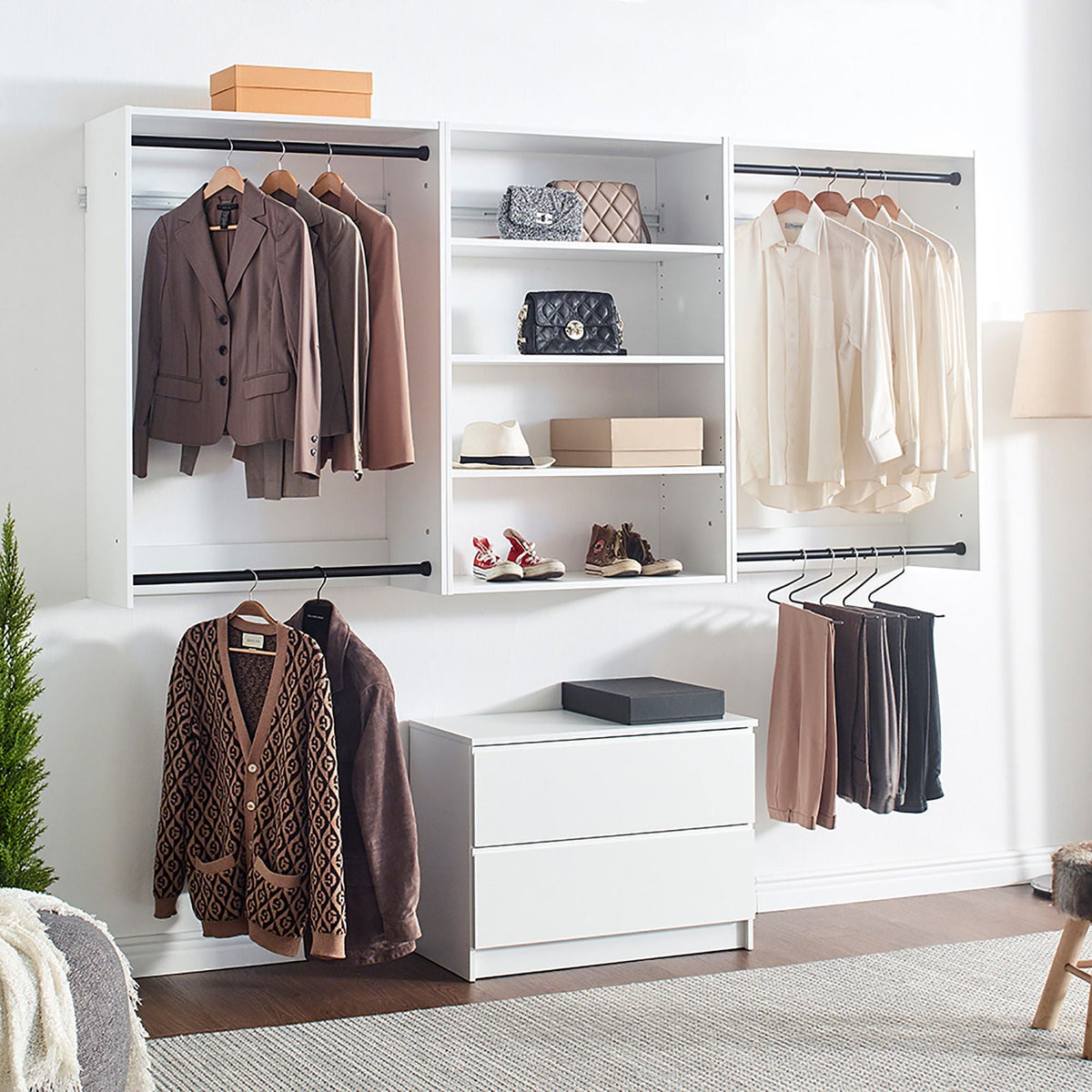 Wall Mounted Wood Closet System with Modular Units – White or Light Brown