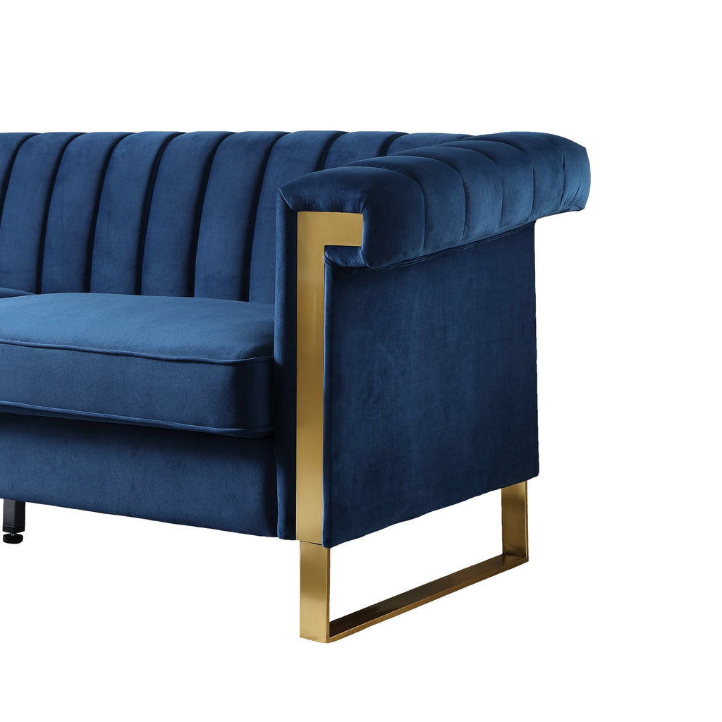 Vintage Blue Velvet 2 Piece Sofa Set with Channel Tufted Backrest - Blue