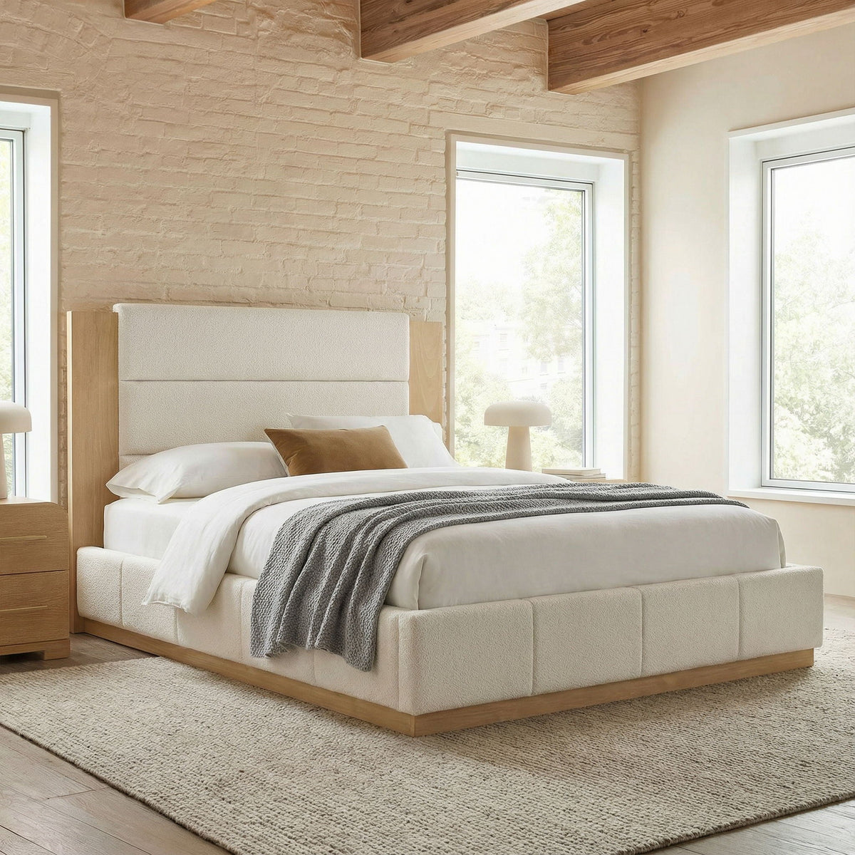 Modern Upholstered Platform Bed with Extended Headboard - Queen or King