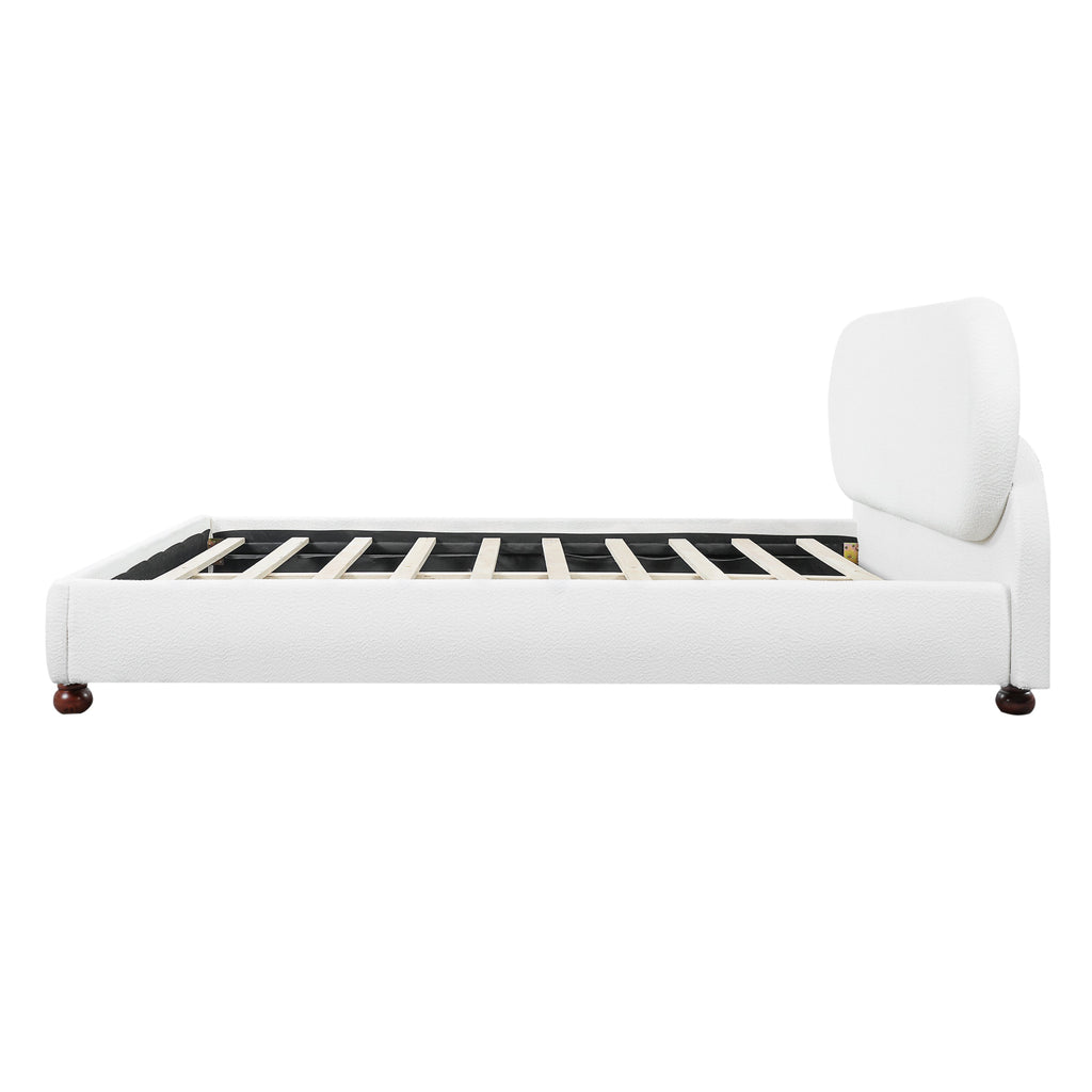 Cream Boucle Upholstered King Bed with Rubberwood Feet