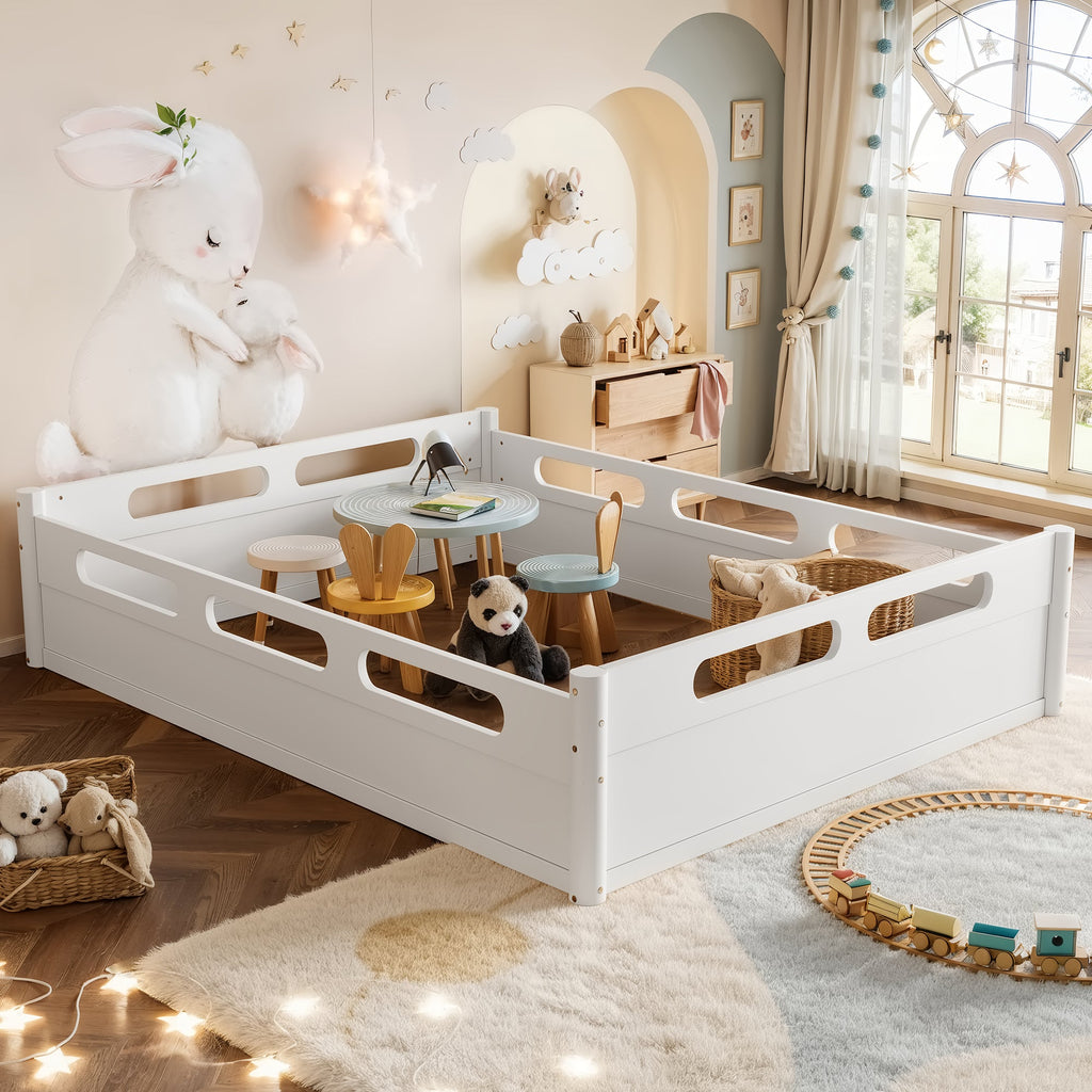Queen Size Floor Platform Bed with Full-Length Guardrails - White or Natural