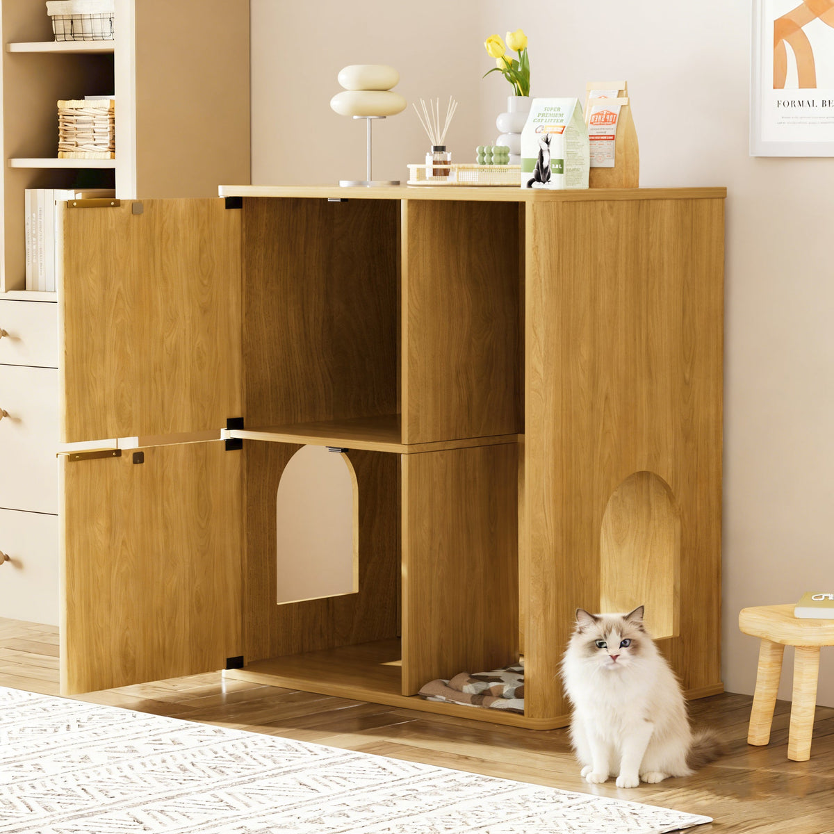 Light Wood Cat Litter Cabinet with Cat Tree