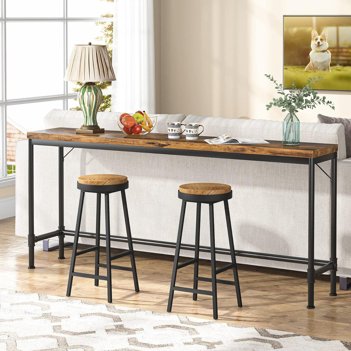 Extra Long Console Table with Industrial Bar-Height - Brown / Black