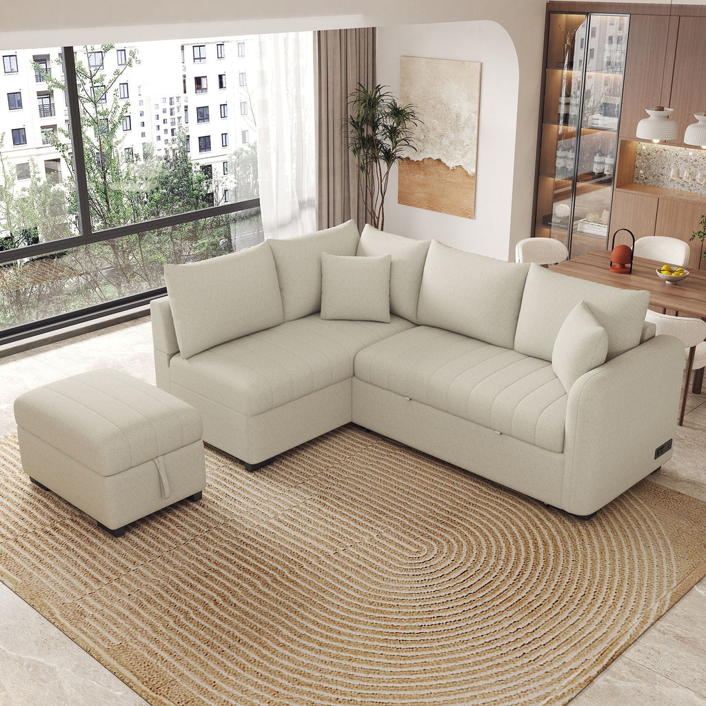 L-Shaped Sleeper Sectional with Pull-Out Bed and Storage Ottoman - Gray or Beige