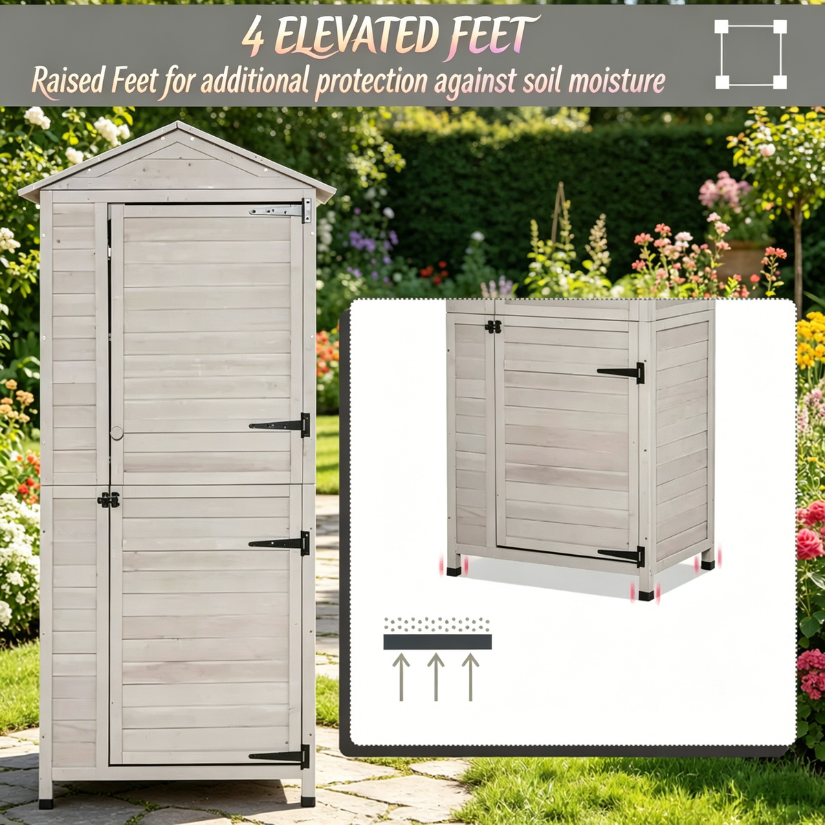 Outdoor Storage Shed with Tilted Tin Roof - Light Grey Fir Wood
