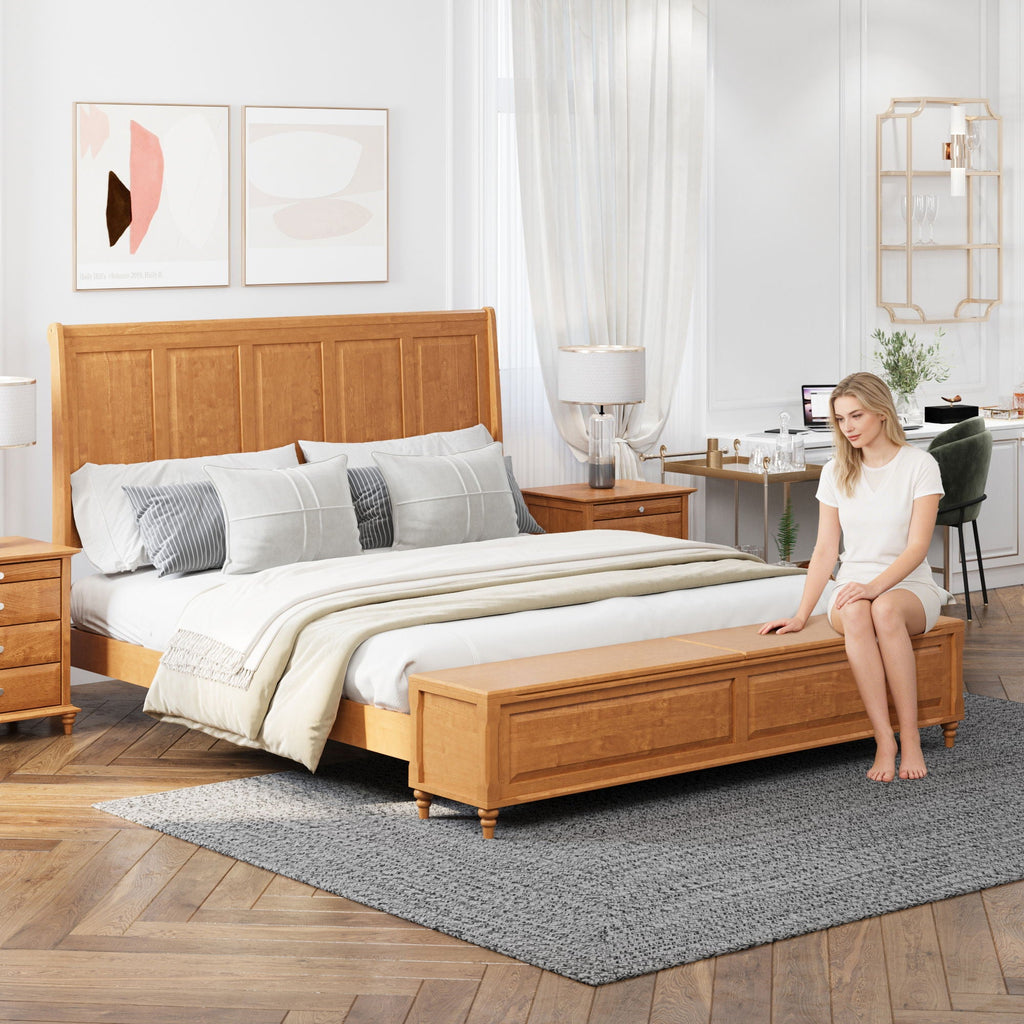 Sleigh Bed Frame with Tall Headboard and Storage Bench - Dark or Light Brown