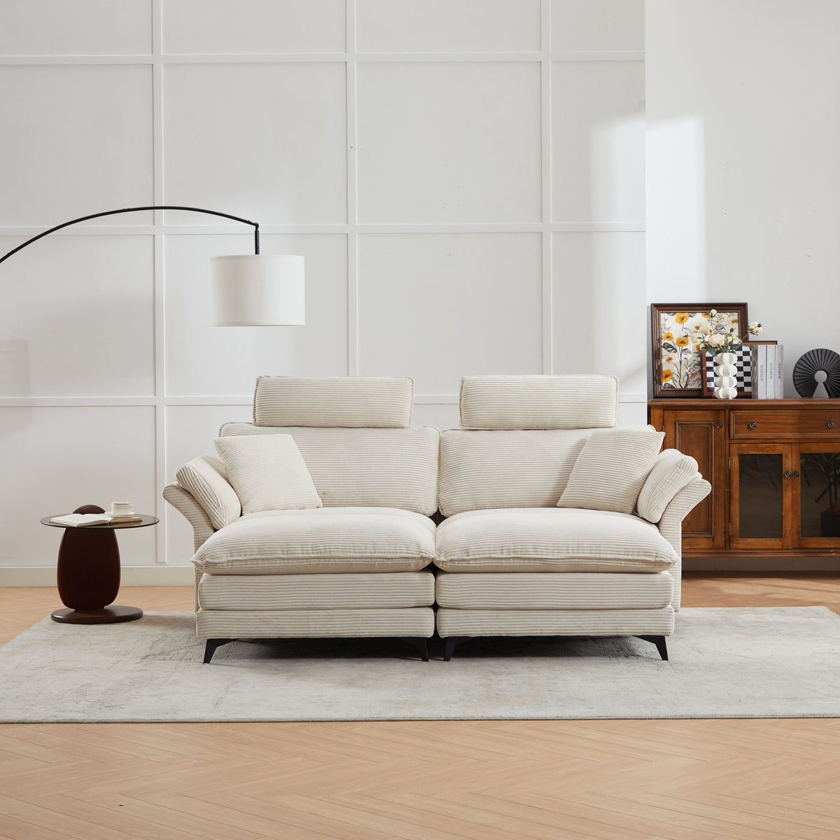 Modern Deep Seat Sectional Sofa with Ottoman - Corduroy - Black or Beige