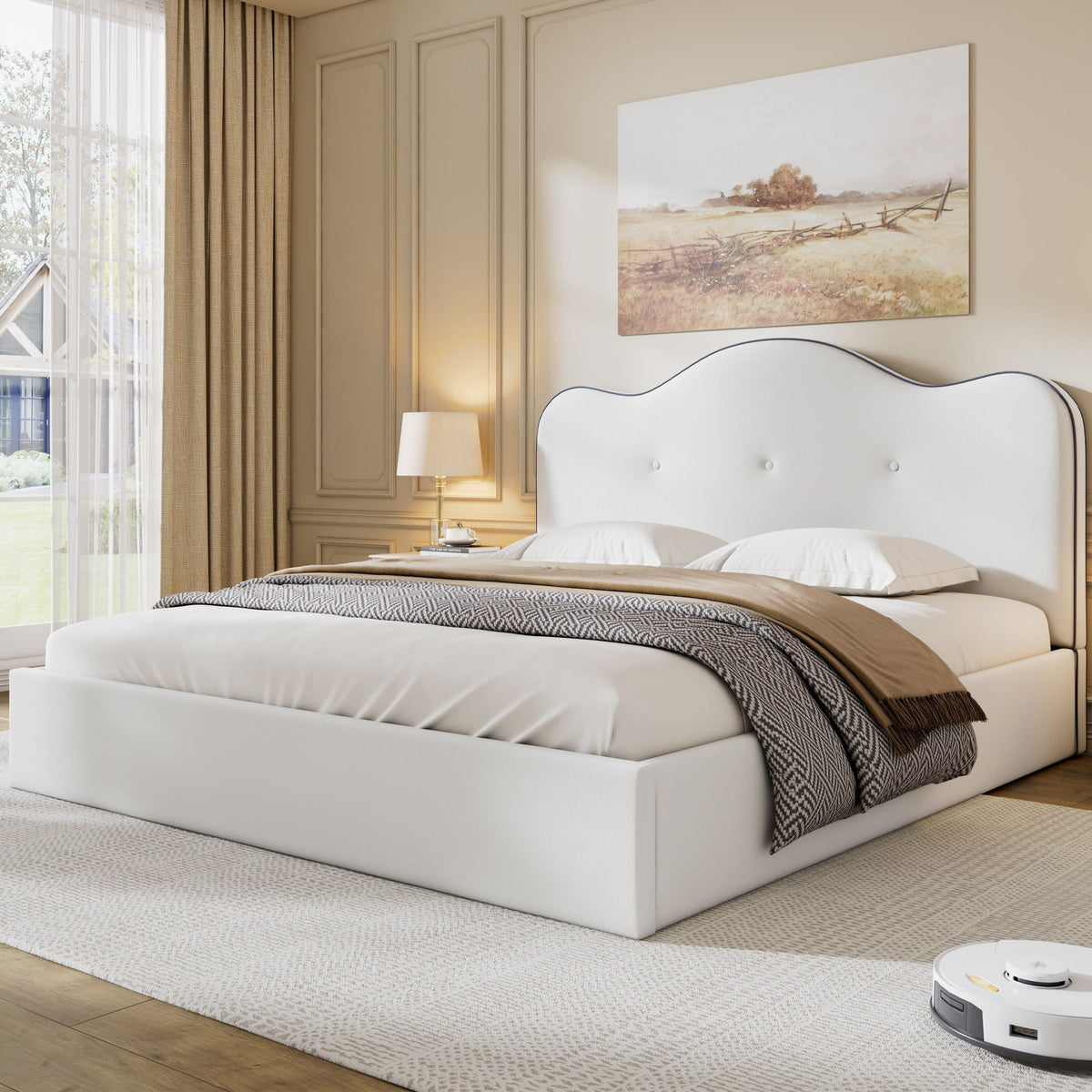 Upholstered Platform Bed with Sturdy Frame and Headboard - White