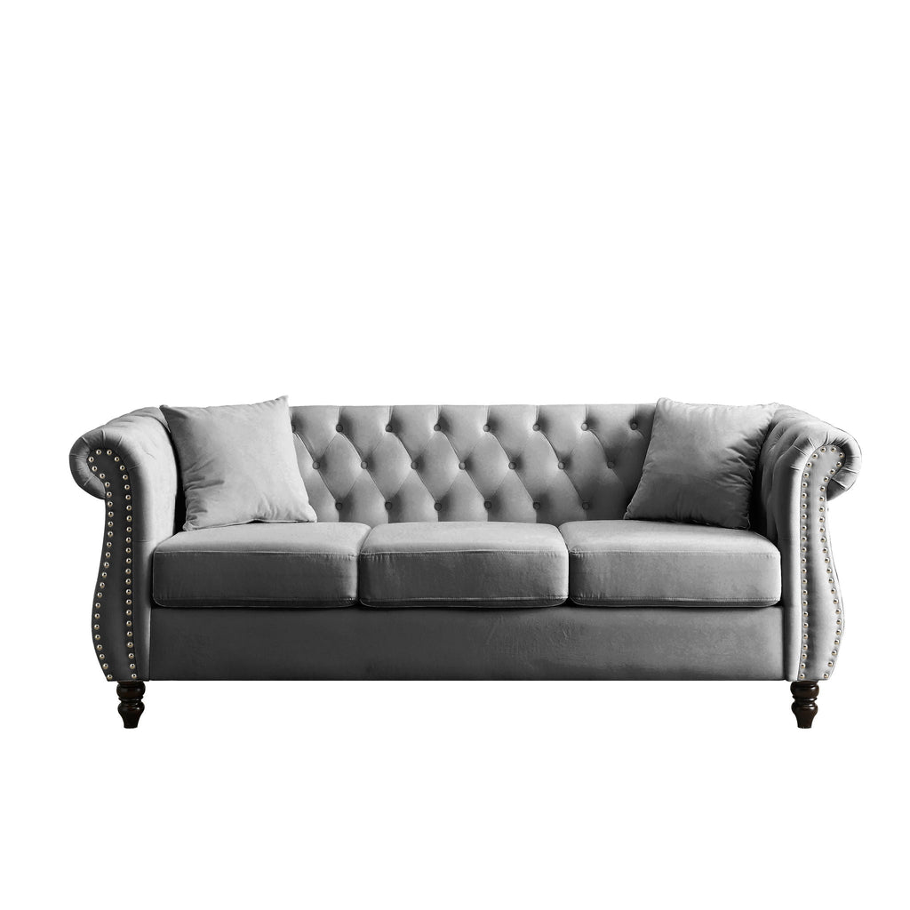 Chesterfield Sofa with Rolled Arms and Nailhead Trim – Solid Wood Frame