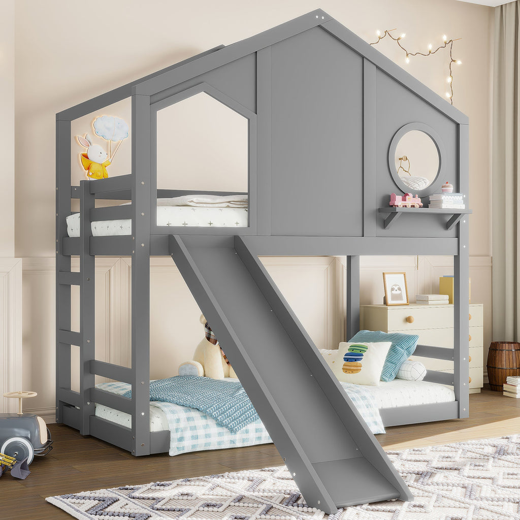 Twin House Bunk Bed with Slide and Storage Shelves - Pine Wood