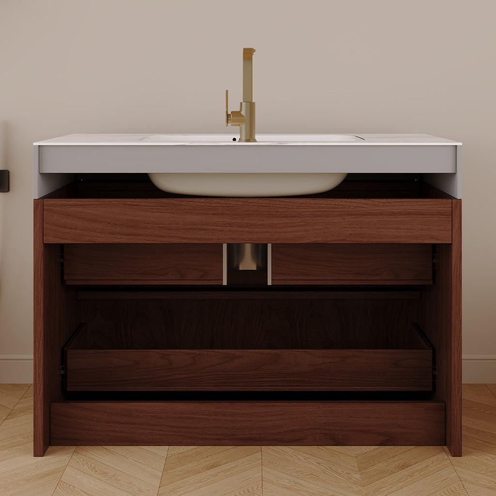 30" Modern Floating Bathroom Vanity with Seamless Sintered Stone Top - Walnut, White or Brown, Walnut