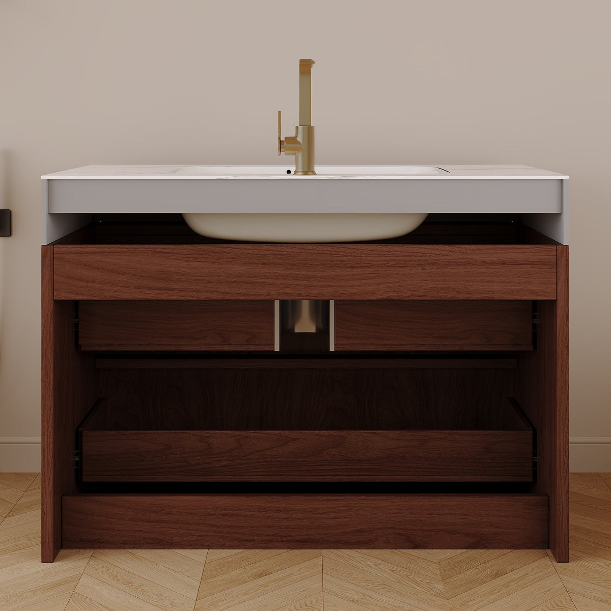 30" Modern Floating Bathroom Vanity with Seamless Sintered Stone Top - Walnut, White or Brown, Walnut