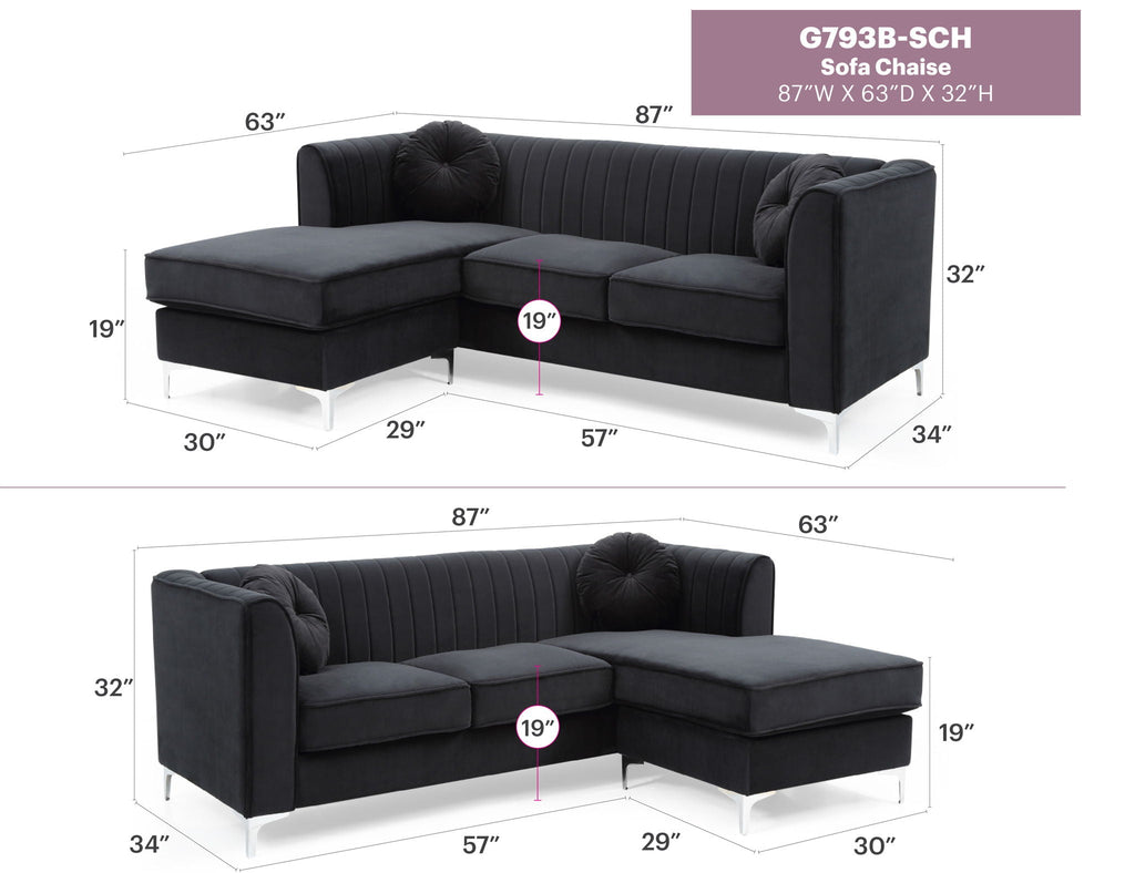 Micro Suede Sofa Chaise with Channel Quilting - Multiple Colors