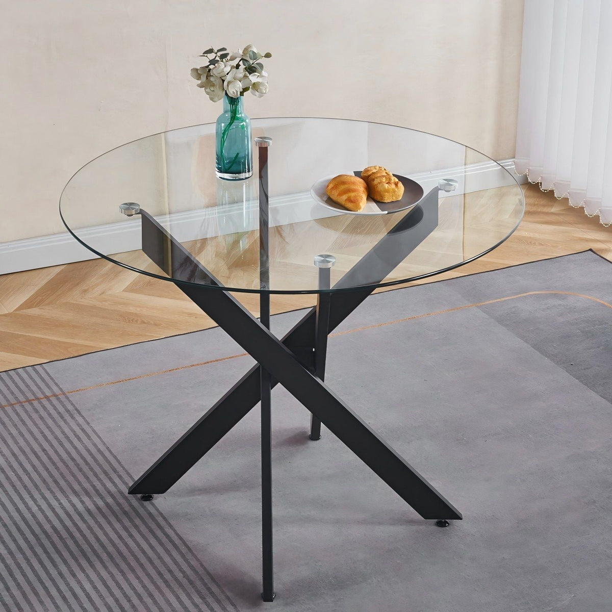 Dining Table With Cross Metal Leg And Tempered Glass