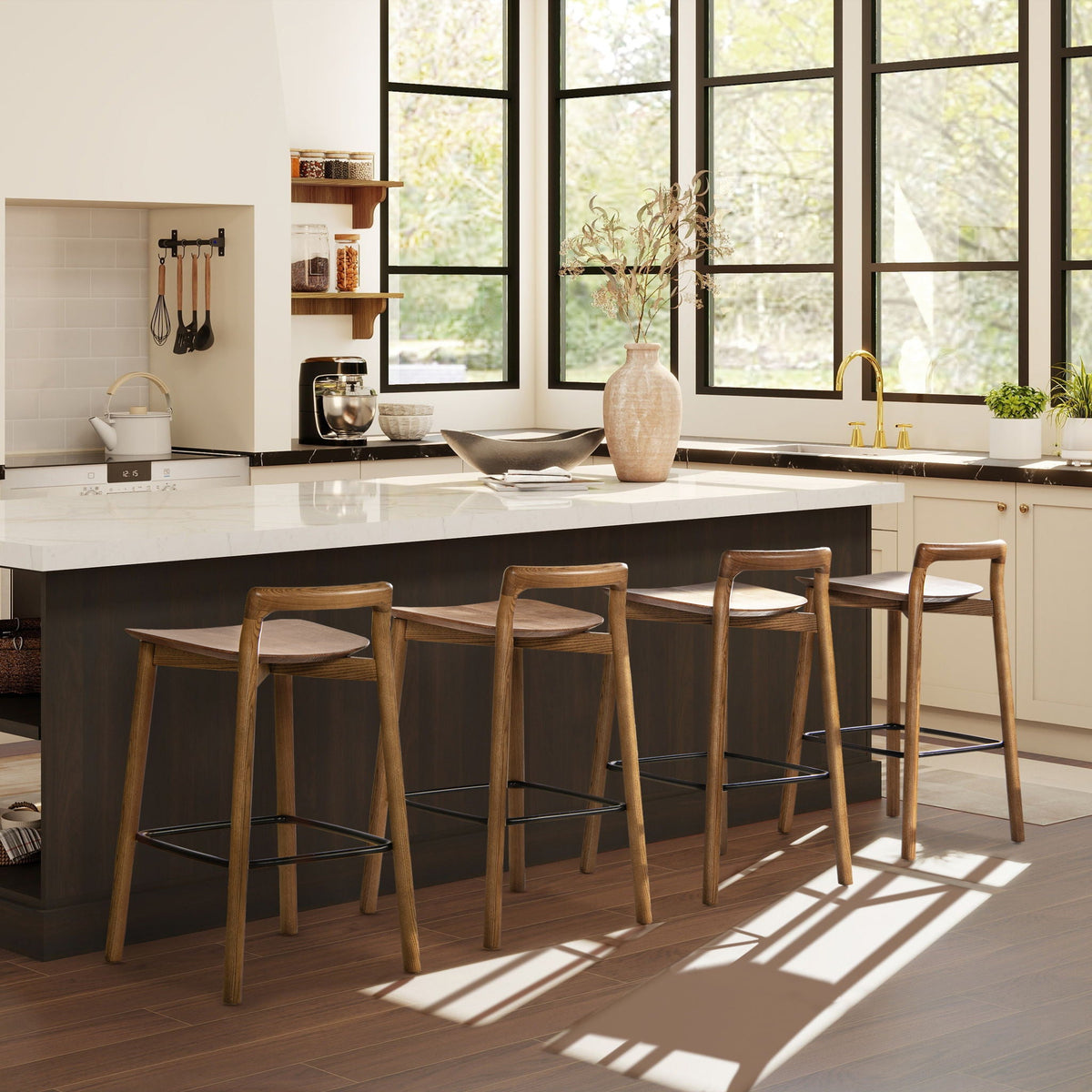 Modern Minimalist Low Back Counter Stool with Ash Wood Construction - Dark Brown Walnut