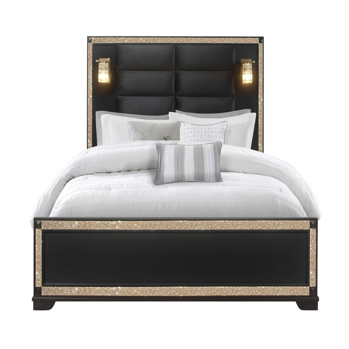 Bed With Lamps and Padded Headboard - Black