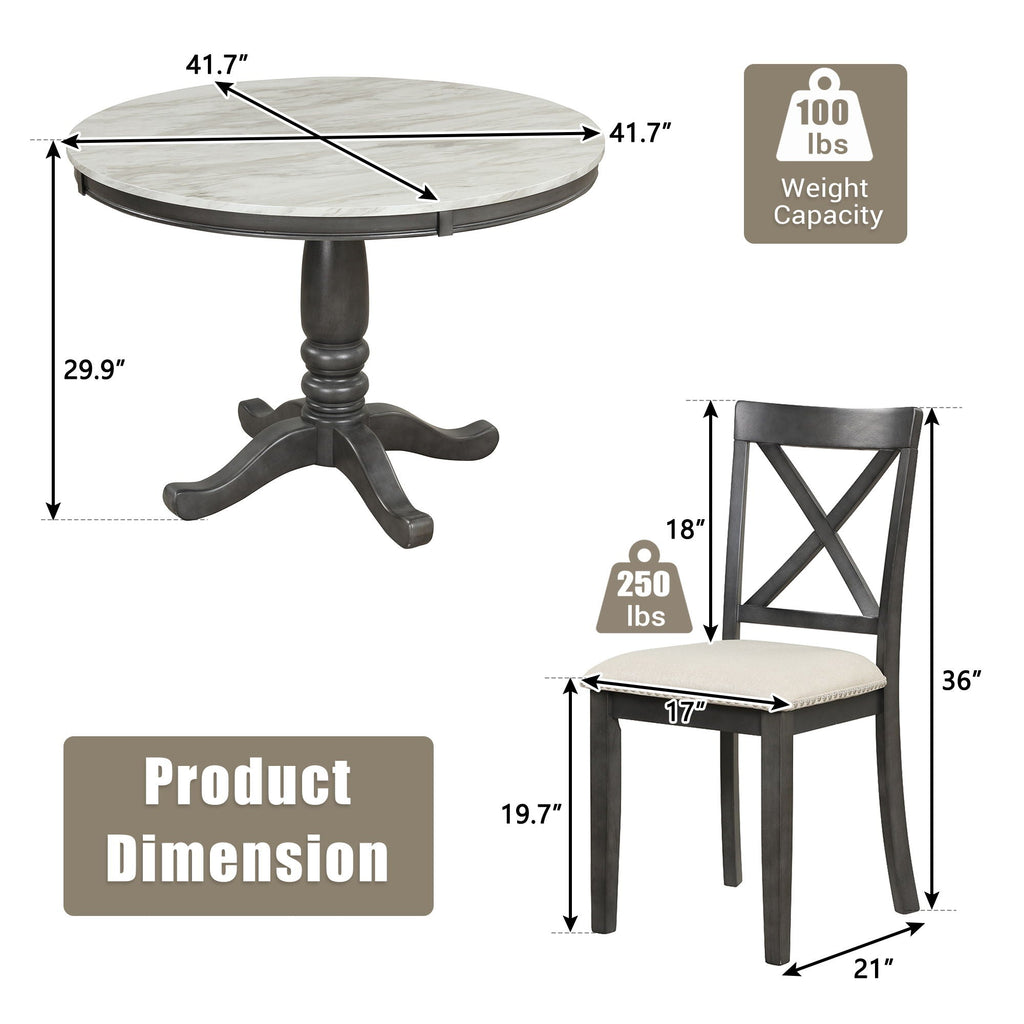 Solid Wood 5 Piece Dining Room Set with Table and 4 Chairs - White or Dark Gray