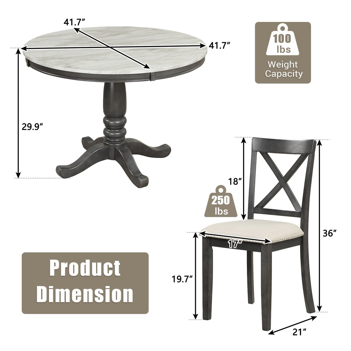 Solid Wood 5 Piece Dining Room Set with Table and 4 Chairs - White or Dark Gray