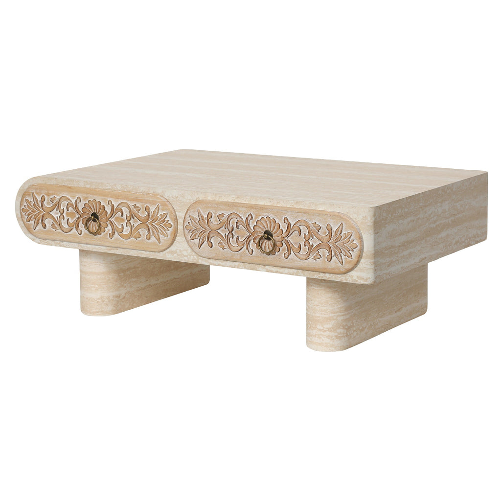 Rounded Edge Coffee Table with Solid Wood Drawer - Flower Pattern