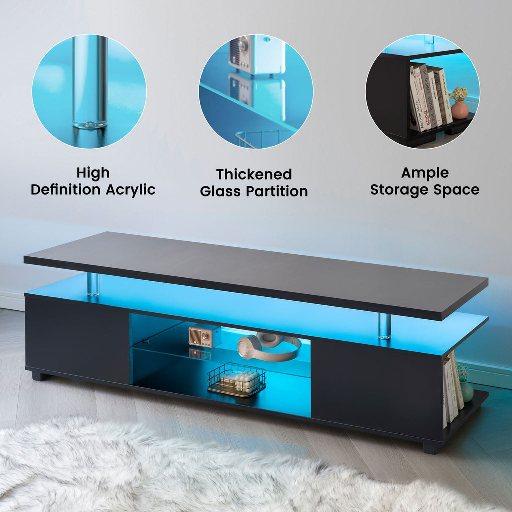 TV Stand with LED and Large Side Cabinet - White, Black, or Gray