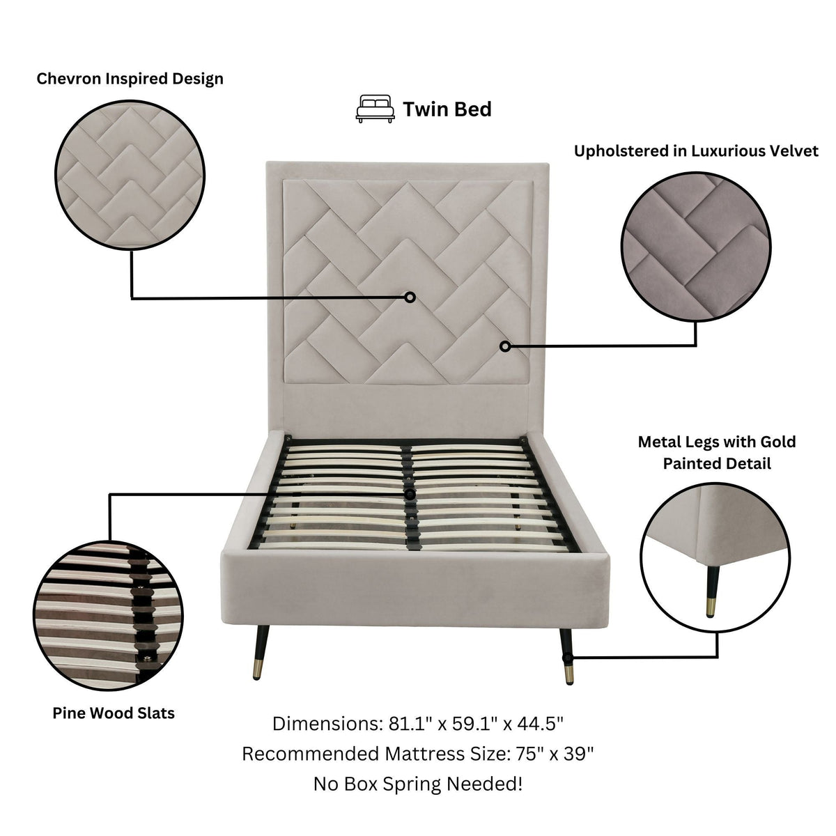 Upholstered Bed with Headboard and Slats - Multiple Colors