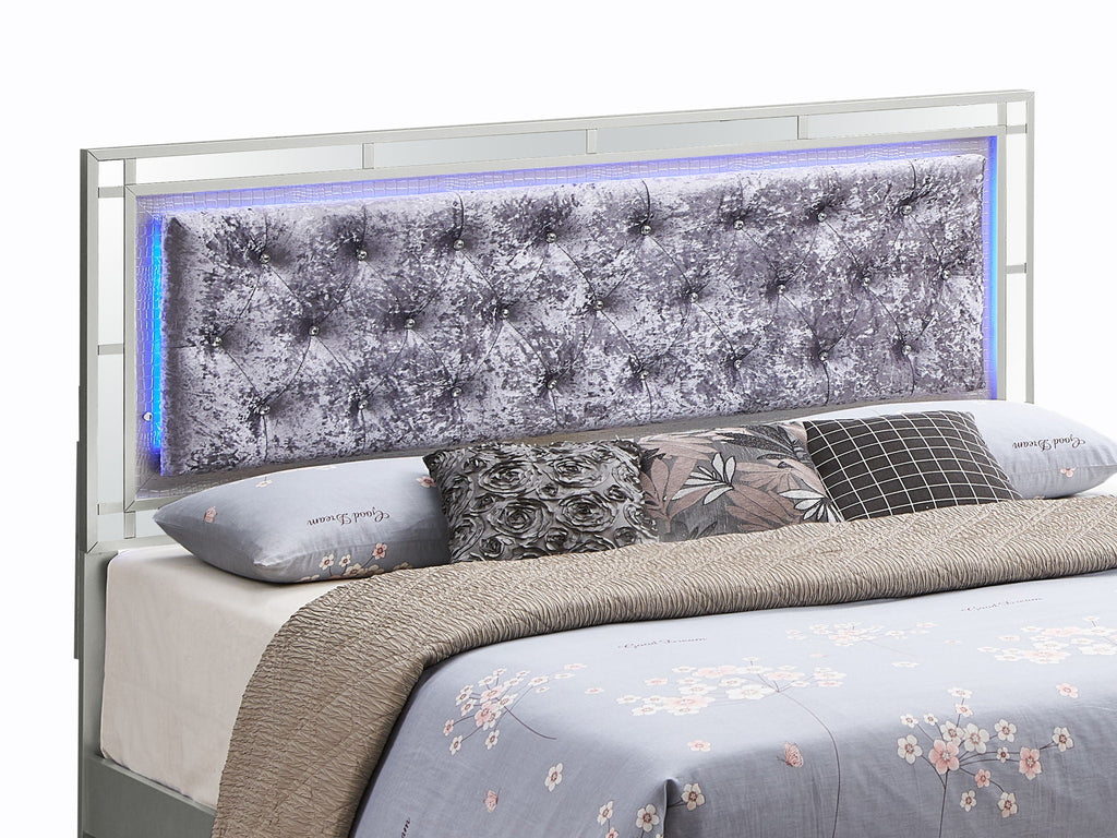 Pearl Silver Upholstered Bed with LED Headboard - Madison