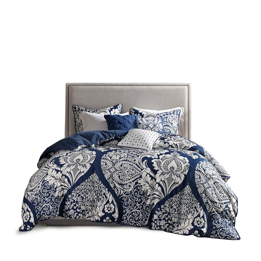 Indigo Cotton Comforter Set with Damask Pattern - Cal King, 7 Piece