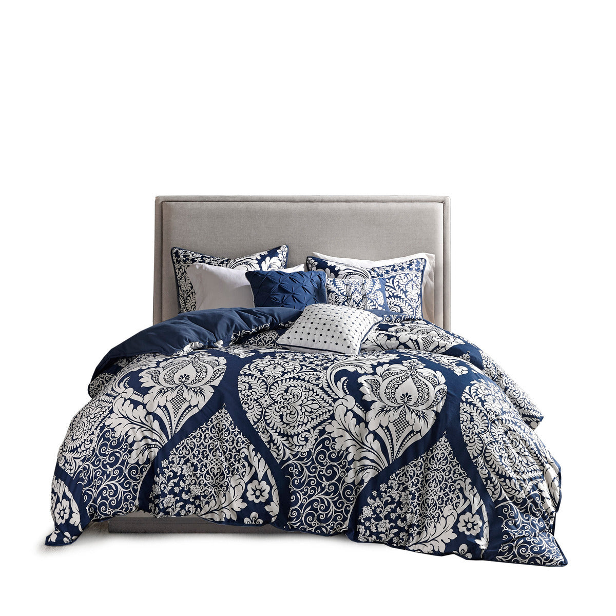 Indigo Cotton Comforter Set with Damask Pattern - Cal King, 7 Piece