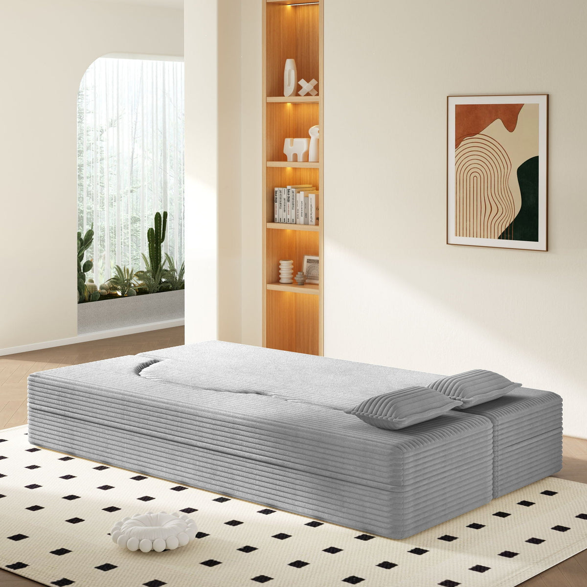 Convertible Floor Sofa with 2 Pillows - Twin Size Corduroy - White or Gray