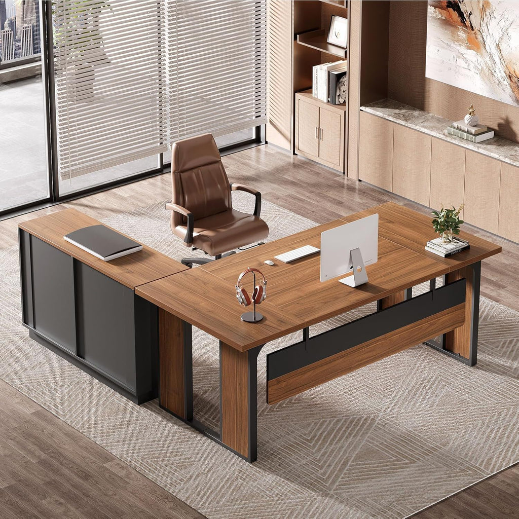 L-Shaped Executive Desk with File Cabinet - Brown / Black