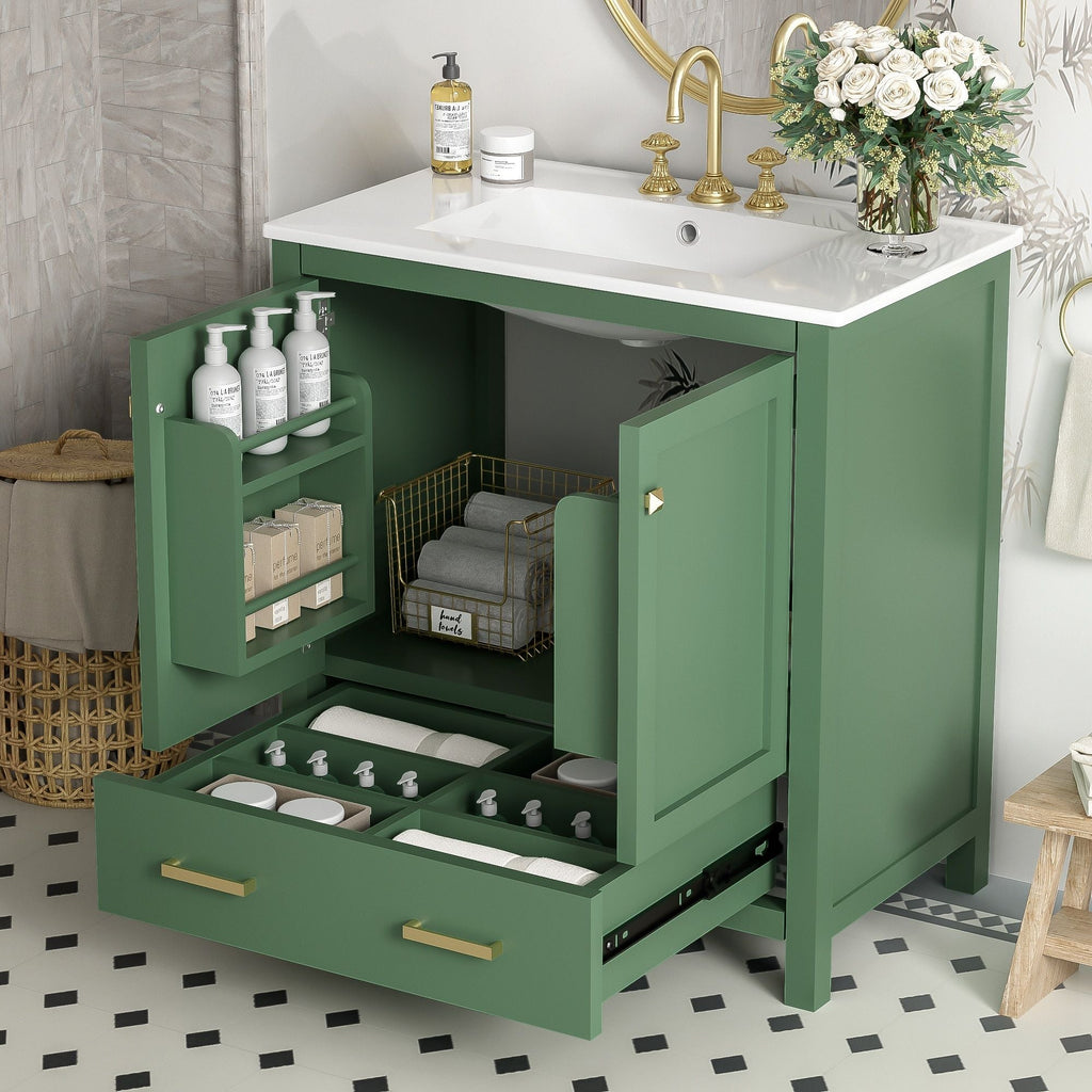 Green Bathroom Vanity with Single Undermount Sink and Storage - Solid Wood