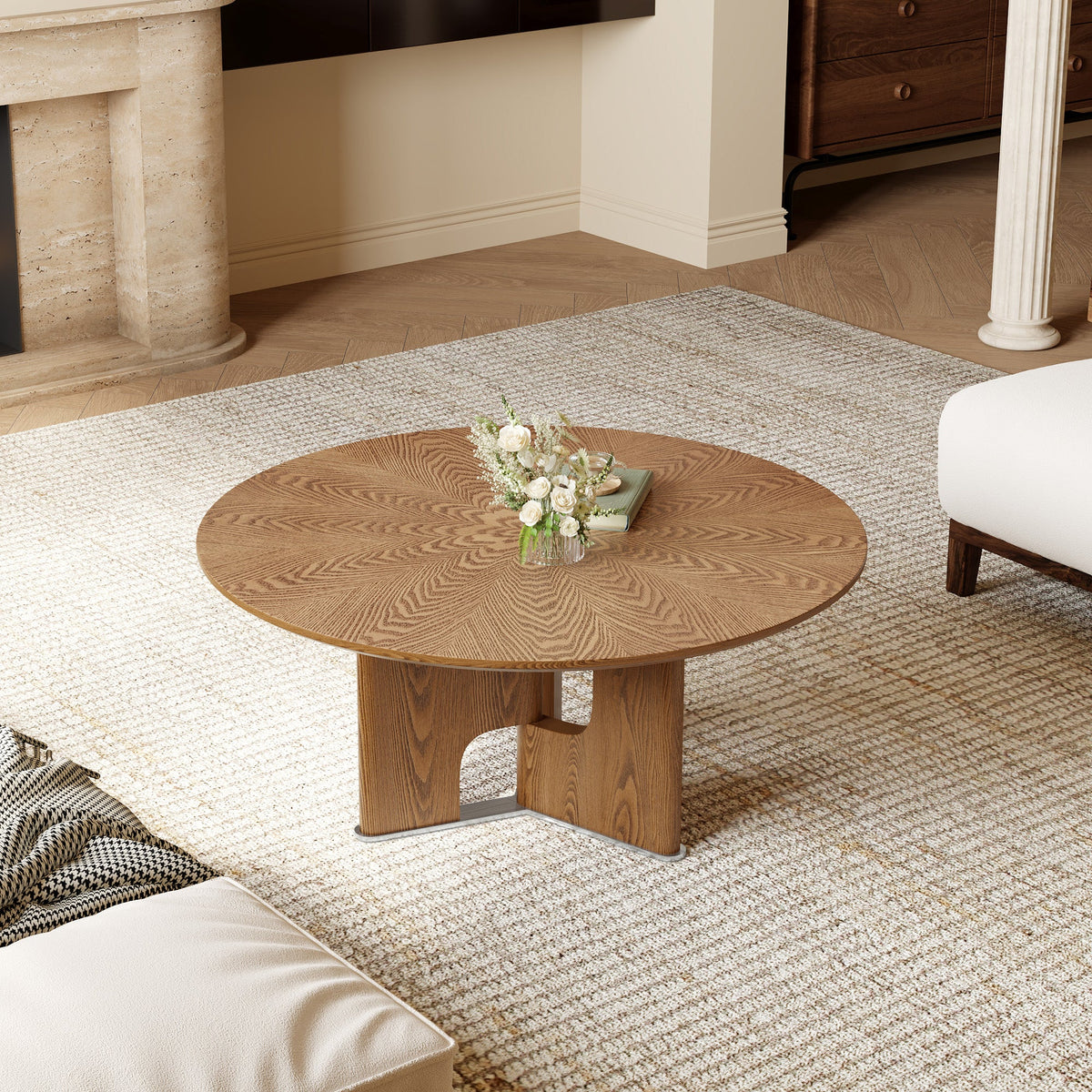 Rustic Ash Wood Veneer Coffee Table with Novel Leg Design - Natural Ash