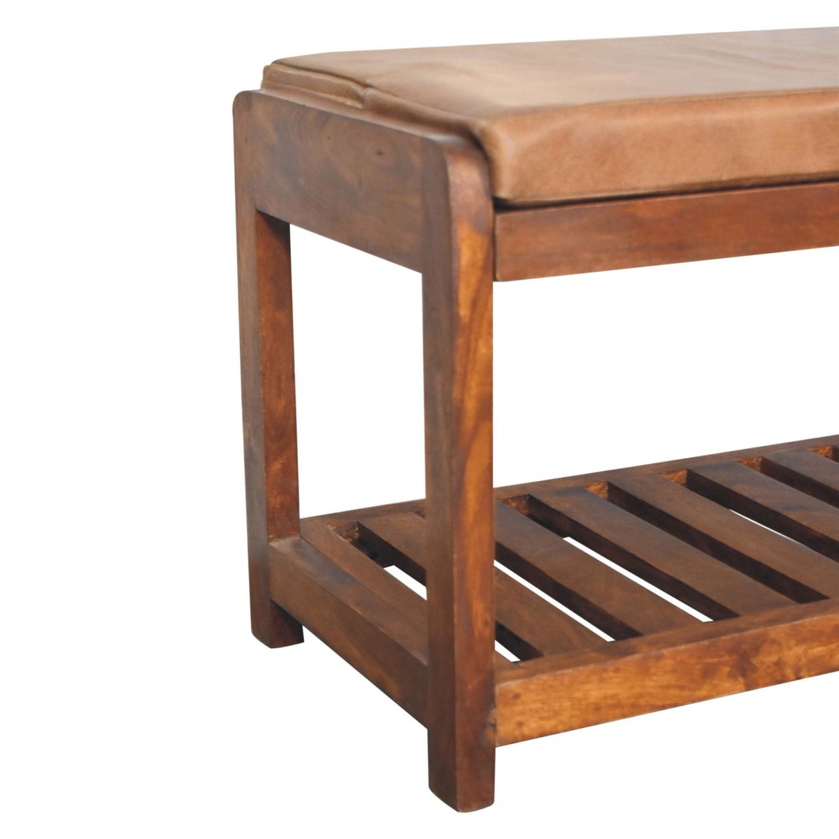 Solid Wood Slatted Bench with Leather Upholstery and Open Storage - Chestnut