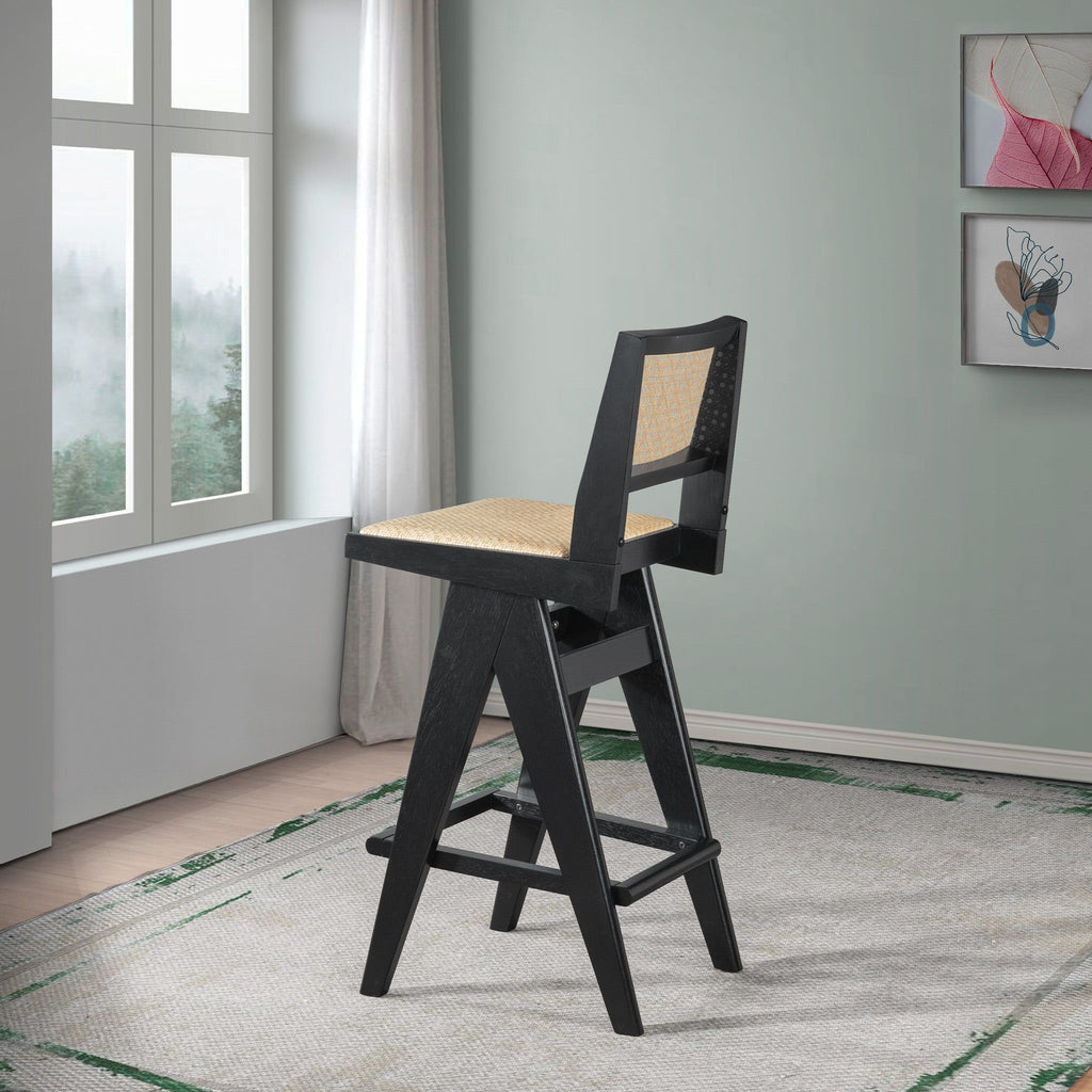 Black & Rattan Bar Stool Set with Full Back Support - Set of 2
