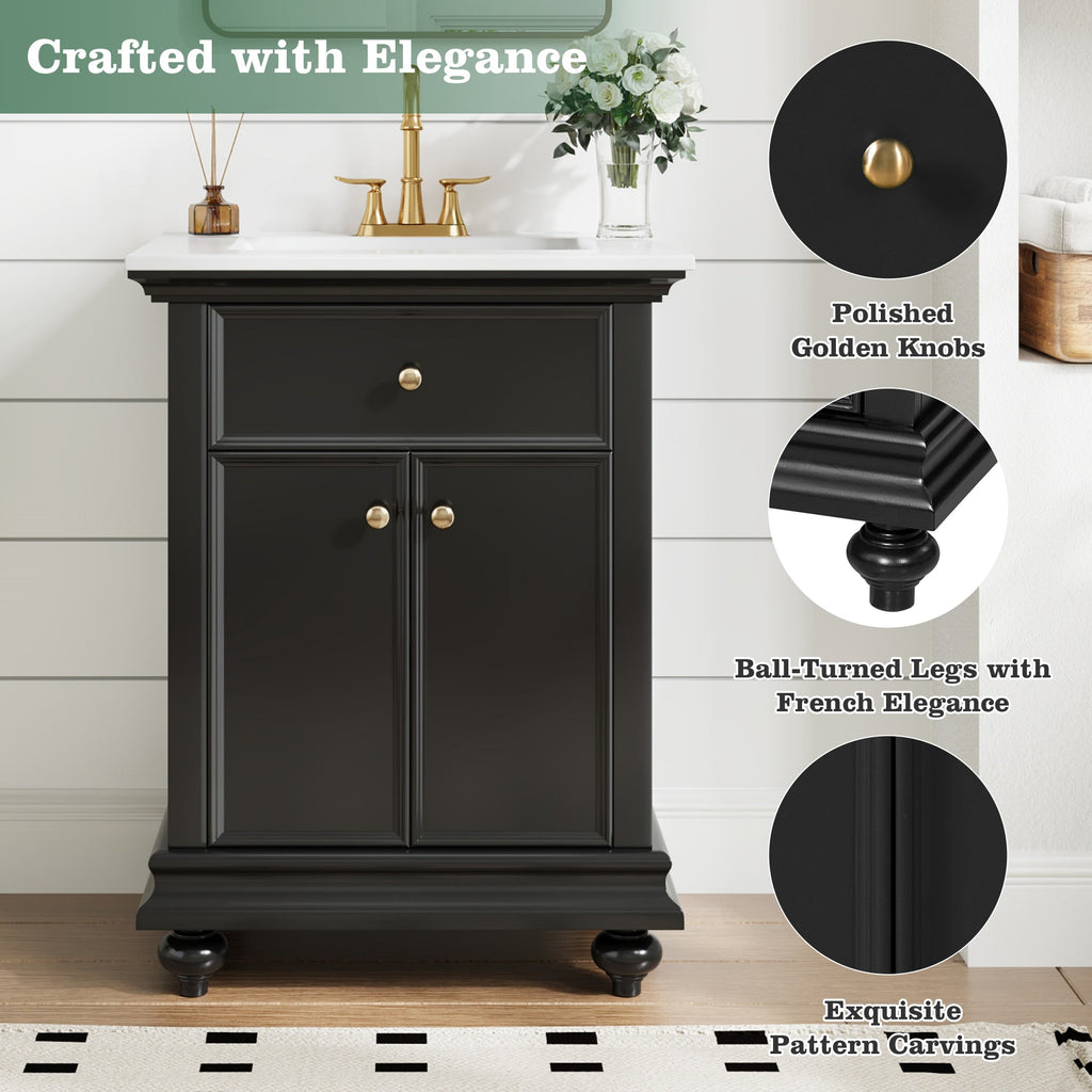 24" Modern Bathroom Vanity with Tip-Out Drawer & Soft-Close Hinges - Black, Green, or White